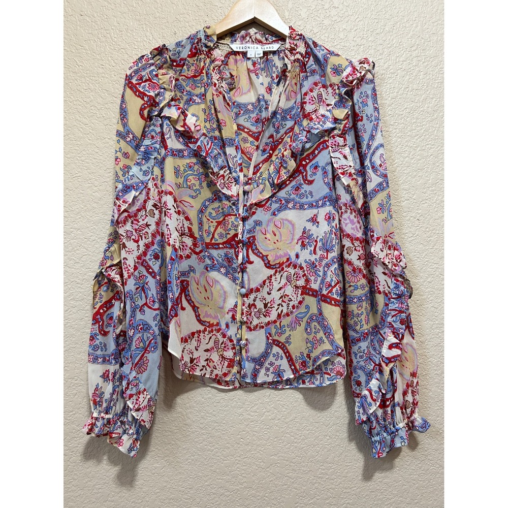 Veronica Beard 6 Silk Paisley Ruffle Blouse Blue Red Boho Romantic Top